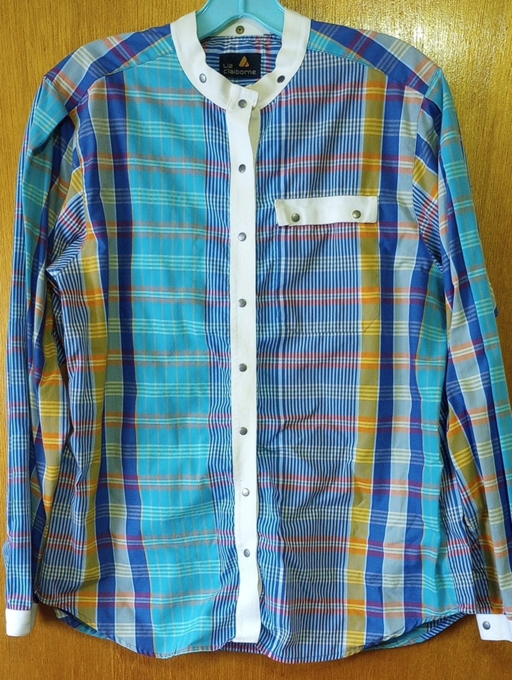 Liz Claiborne Colorful Plaid Vintage Top. Blue Aqua Gold Orange White, Medium/Lg - Picture 2 of 4